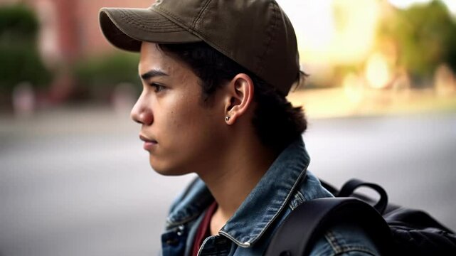 Hispanic trans high school student posing at his high school front yard