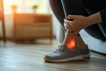 Woman Gripping Ankle in Pain With Gray Shoe in Indoor Setting Showing Inflammation On the Floor Under Warm Ambient Light
