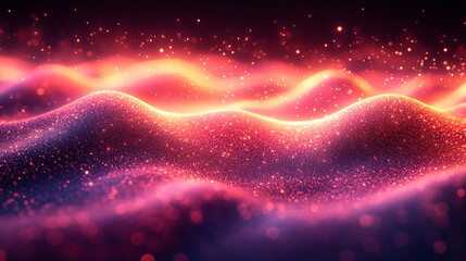 A vibrant glowing wave flows through abstract particles, symbolizing the essence of change and expansion, representing dynamic movement and growth in a modern, evolving world.

