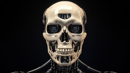 Hyper realistic AI robot skeleton stands tall and confident against a stark black background, showcasing intricate details and lifelike features that blur the line between technology and humanity