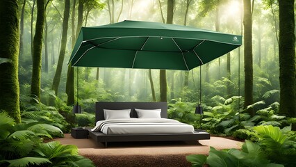 A tranquil bedroom scene features a bed under a green canopy a lush jungle setting.