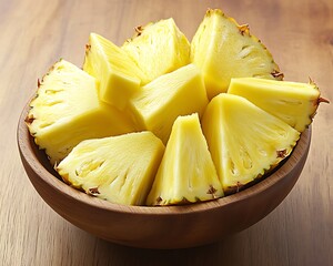 Freshly cut pineapple slices arranged in a small wooden bowl