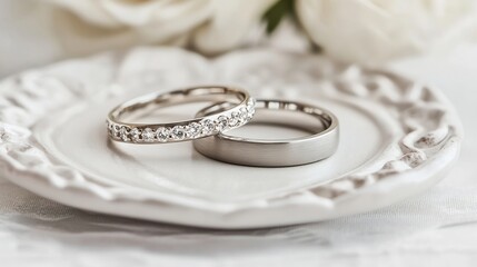 Elegant wedding rings on a decorative plate symbolizing love and commitment