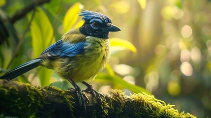 Obraz premium Green jay perched a moss covered branch stunning blue and green feathers illuminated under diffused sunlight ultra detailed focus crisp jungle setting