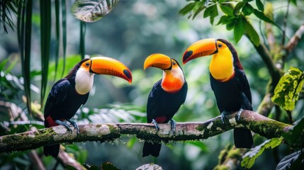 Obraz premium A vibrant rainforest in Costa Rica with exotic animals like toucans, monkeys, and sloths.