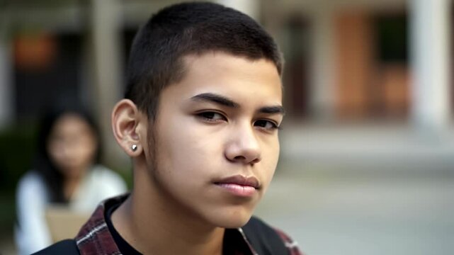 Hispanic trans high school student posing at his high school front yard
