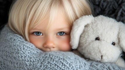 Child cuddled in soft knit, close-up with teddy bear
