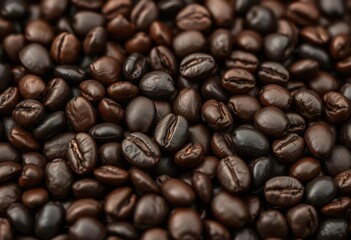 Obraz premium Dark roasted coffee beans, close-up view of espresso seed, closeup, texture