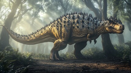 Heavily armored Tuojiangosaurus standing misty prehistoric forest double row of spikes along back gleaming under filtered sunlight The ancient trees tower overhead their leaves rustling in the wind