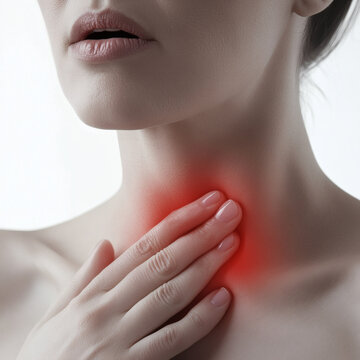 Woman Touching Sore Throat Highlighted in Red Against White Background Indicating Pain And Discomfort