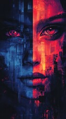 Striking and surreal digital artwork featuring a close up portrait of a face with glitch effects set against a backdrop of a futuristic dystopian city skyline illuminated by vibrant neon lights