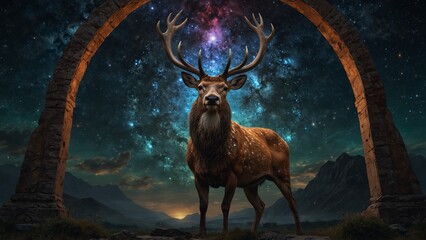Fototapeta premium A divine stag with celestial markings, standing beneath an ancient cosmic gateway.