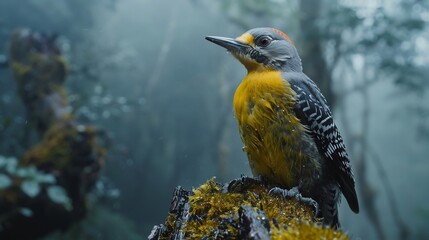 Naklejka premium Grey headed woodpecker perched a mossy tree trunk soft morning mist in the background intricate feather patterns detailed with high clarity