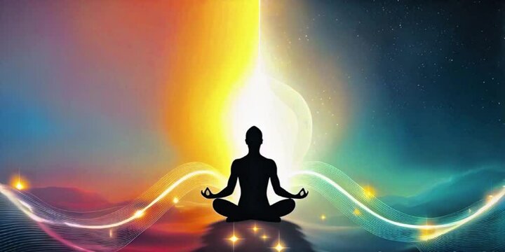 Silhouette of a woman meditating in lotus position, person doing spiritual yoga meditation in spiritual place with light from the background and light wave flowing generative AI