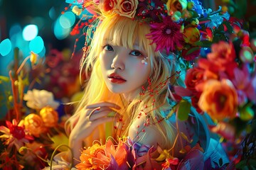 Dreamy Portrait of Asian Woman in Floral Crown with Colorful Flowers and Bokeh Lights