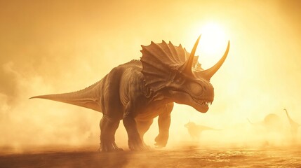 Fototapeta premium Magnificent Pentaceratops standing middle of vast prehistoric plain massive horned frill casting imposing silhouette against rising sun Dust swirls air wind carries distant sounds of other dinosaurs