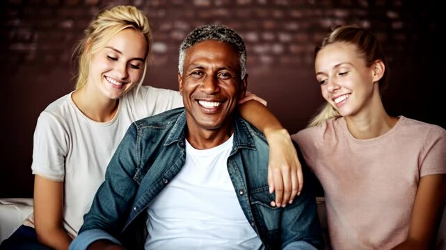 Polyamorous people, Smiling bisexual women posing living in a Polyamorous relationship with a mature man