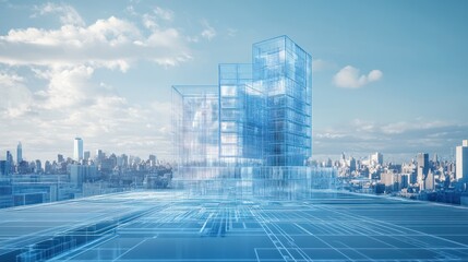 Futuristic glass building cityscape, technology, transparent design, digital architecture
