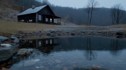 Rustic cabin nestled beside a tranquil reflecting pool on a misty autumn day.  Tranquil, peaceful, and isolated