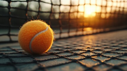 Shadows of a net, racket, and tennis ball during sunset at a quiet outdoor court. National Tennis Month