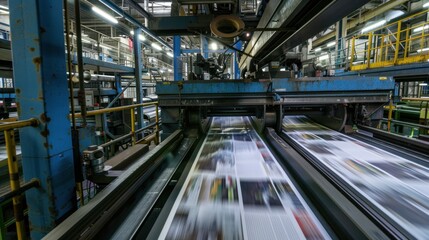 Fototapeta premium The inside of a newspaper press with large printing machines.