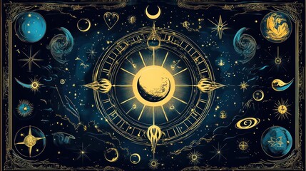 Mystical celestial cosmos background with crescent moon planets stars nebulae and other astrological symbols and mystic elements in an enchanted night sky  Esoteric ethereal and supernatural fantasy