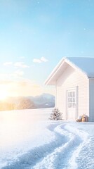 Snowy Cabin Sunrise for Winter Landscape.
