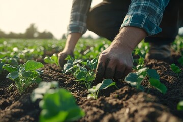 Fototapeta premium Close-up of a Dedicated Farmer's Hands Carefully Tending to Young Vegetable Seedlings in a Lush Farm Field at Sunrise.