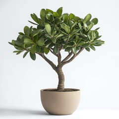 lush green potted plant with thick trunk on white background