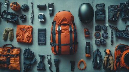 Outdoor gear spread for climbing, hiking, or mountaineering
