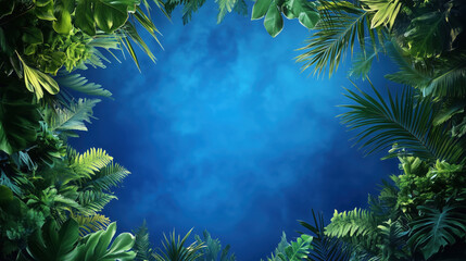Vivid Deep Blue Sky Framed by Dense, Lush Green Tropical Tree Fronds in the Corners, Creating a Clean, Open Space in the Center for Text copy space
