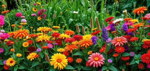 Obraz premium Vibrant summer blooms in a lush garden border, delphinium, flowering plants, colorful flowers