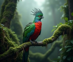 Obraz premium A highly detailed, vibrant, and intimate portrait of a resplendent quetzal perched on a moss-covered branch in a lush, misty cloud forest, with the bird's iridescent feathers glistening in shades of e