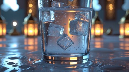 A close-up shot of a tall, transparent glass filled with pure, cold water. Ice cubes drop into the glass in slow motion, causing small splashes. Condensation forms on the surface, making