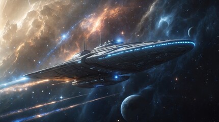 majestic starship, with sleek silver hull and glowing blue engines, travels through the vast expanse of space, surrounded by a sea of twinkling stars and vibrant, wispy nebulae