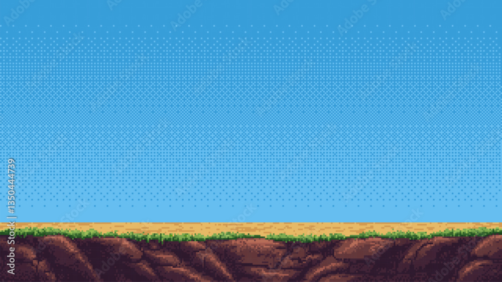 Aufkleber 8-bit pixel art game level background. side scrolling game. blue sky. simple game map template. 2D retro video game style. pixelated vector graphics.