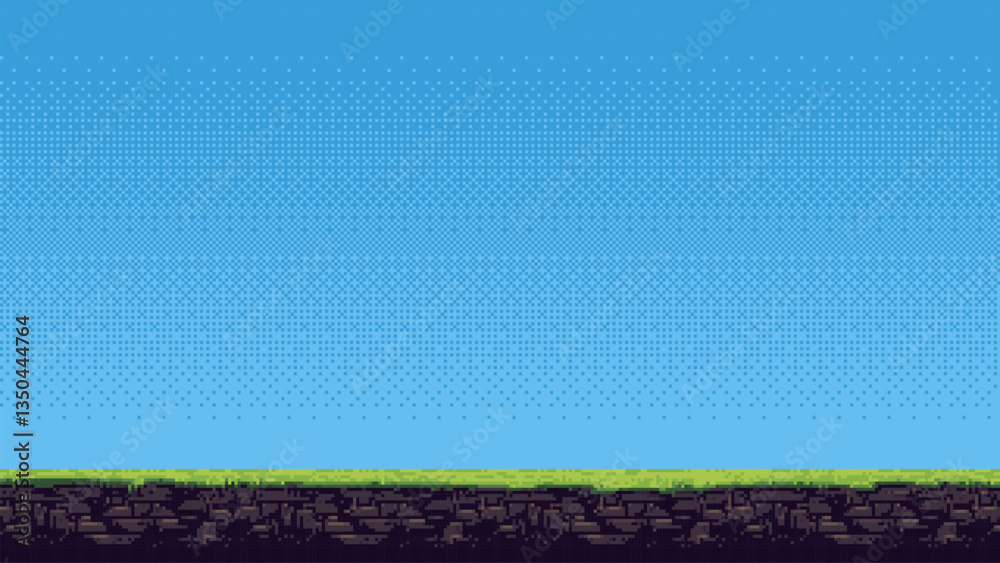 Aufkleber 8-bit pixel art game level background. side scrolling game. blue sky. simple game map template. 2D retro video game style. pixelated vector graphics.