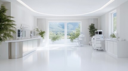Fototapeta premium Modern, bright medical examination room with panoramic views. Spacious, well-lit interior with sleek, contemporary design. Includes diagnostic equipment, comfortable seating, and ample natural light