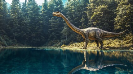 Obraz premium Majestic Leonerasaurus standing near a crystal clear lake its long neck stretching toward the treetops The reflection of the dinosaur shimmers on the waters surface adding to the serene setting