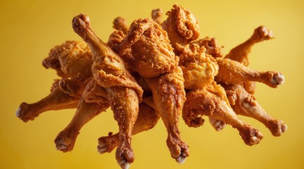 Vibrant yellow background with a whimsical, dreamlike atmosphere, featuring a cluster of golden-brown broasted and crispy fried chicken legs suspended in mid-air, some overlapping
