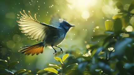 Obraz premium Japanese paradise flycatcher soaring through dense foliage elegant long tail feather trailing soft diffused rainforest light cinematic sharpness