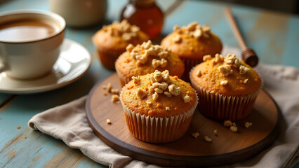Carrot muffins with walnuts and edible flowers, served on a wooden tray. A linen napkin, honey jar, and coffee create a charming and cozy spring breakfast setting.