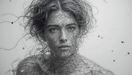 Woman Portrait with Unique Artistic Face Covering in Monochromatic Style