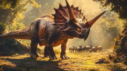 Fototapeta premium Majestic Triceratops standing ground sunlit meadow three horn glistening under warm light rugged frill adorned scar powerful leg tensed prepared challenge Behind herd graz peacefully distant predator