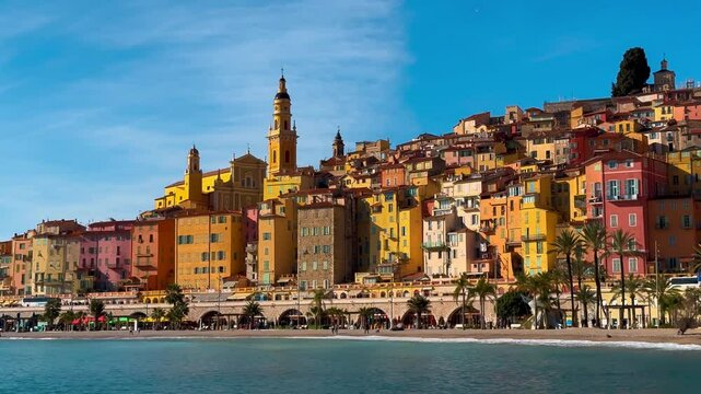 Colourful houses, palm trees on the embankment in Menton, Provence, Alps, Cote d'Azur France February 26, 2025. High quality 4k footage