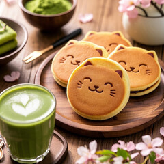 Cute Cat-Shaped Dorayaki with Matcha and Red Bean Filling