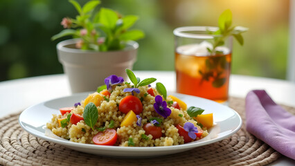 Quinoa salad with roasted vegetables and edible flowers, served on a white plate. A woven table runner, blooming herbs, and iced tea create a lively and fresh spring dining experience.