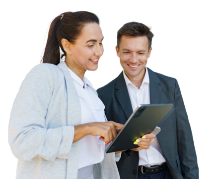 Two professionals collaborating on a digital tablet outdoors while discussing work ideas in bright daylight