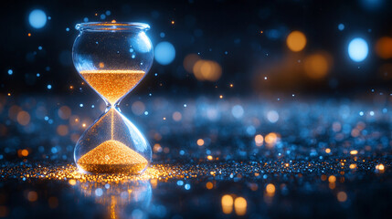 : A futuristic hourglass in white gold and silver, with glowing sand against a dark backdrop. Symbolizing time, change, and the passage of moments, it creates a modern, captivating visual
