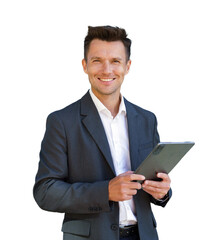 Business professional stands confidently with tablet, engaging in digital communication outdoors